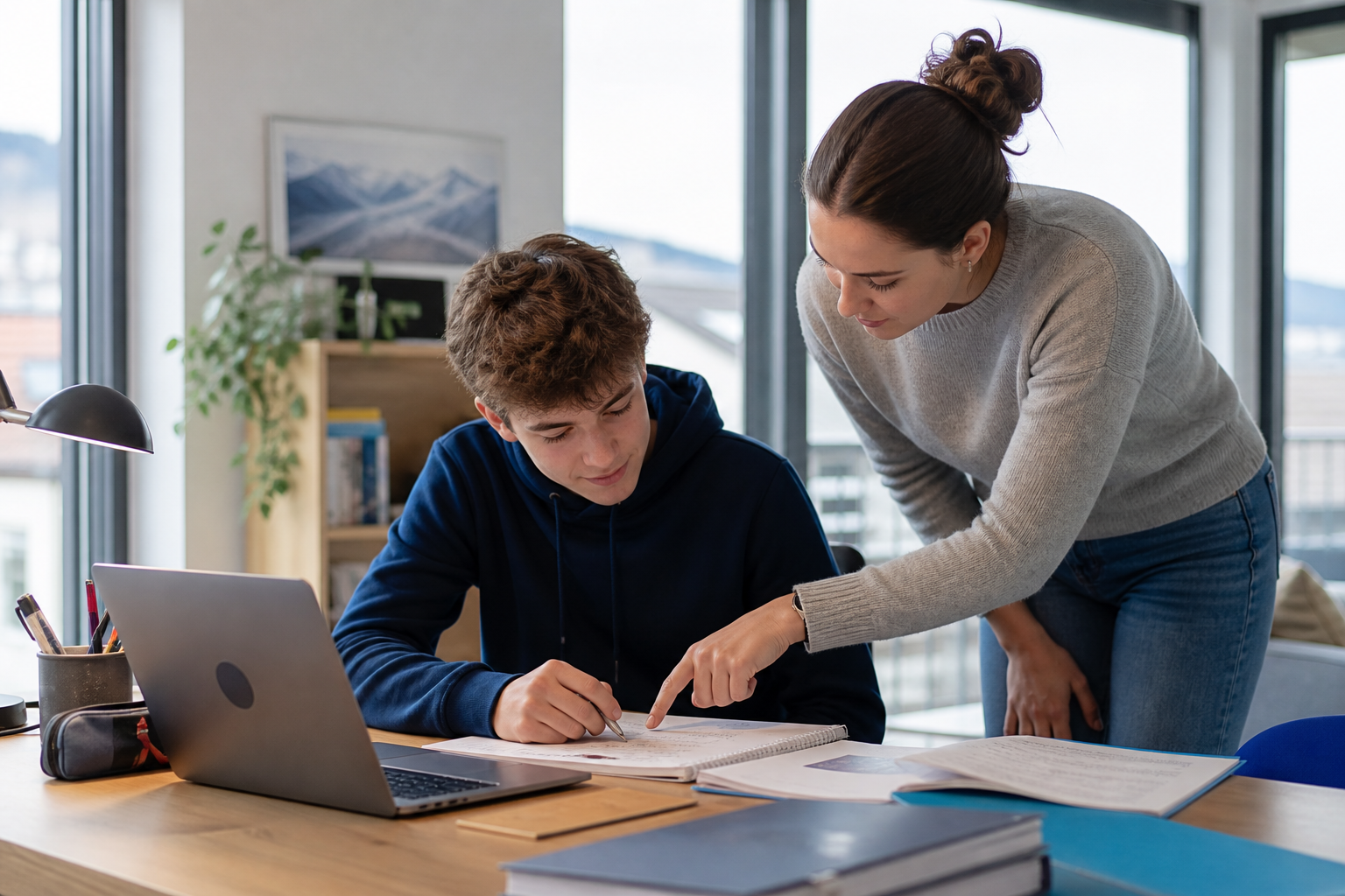 Professeure donnant un cours particulier à un élève sur un bureau